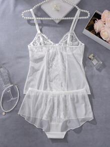 طقم ملابس داخلية نسائية زفاف رومانسي من الدانتيل الأبيض، توب +سروال 2 قطعة - أبيض - مشاهدة 2