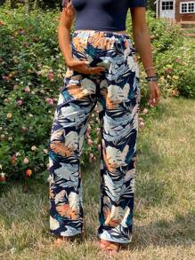 SHEIN Maternity Tropical Leaf Print Long Pants And Round Neck T-Shirt 2 Pieces Set - Blue - View 5