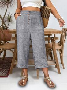 Linhara Plus Size Linen Texture Wood Button Decorated Side Pockets Casual Cropped Pants - Grey - View 1