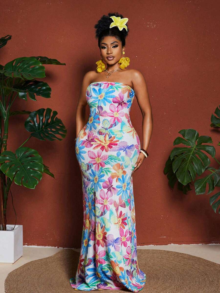 Maweii Plus Size Strapless Minimalist Fashion Dress, Suitable For Summer - Multicolor - View 1