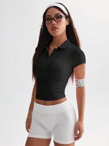SHEIN Sport Studio Polo deportivo de manga corta de verano de unicolor con botones delanteros para mujer