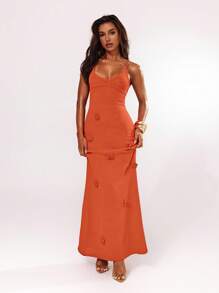 SHEIN BAE 女士纯色立体花卉休闲细肩带无袖毛衣连衣裙 - 橘色 - 查看 4