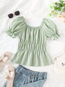 Women's Young Fashion Casual Sweet Style Square Neck Elastic Shoulder Design Ruffle Hem Elasticated Waist Loose Green Bubble Crinkle Short Sleeve Top