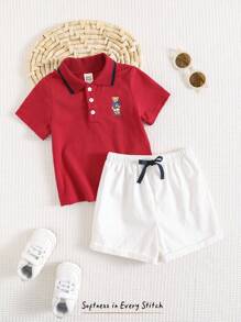 Cozy Pixies 2 Stücke/Set Baby Jungen Outfit mit Cartoon Muster, weicher gestrickter Polo Kragen Knopfhemd und Shorts mit Gummibund