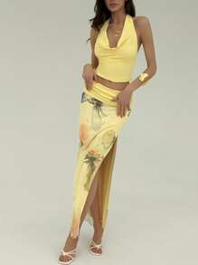 Aloruh 全新轻盈垂坠领吊带背心和高开衩裙两件套，浪漫海滩假期