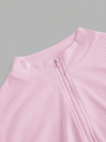 SHEIN EZwear 2pcs Women Zip-Up High Neck Tight Bodysuit Set, Casual Long Sleeve Fall Clothes - Multicolor - View 4