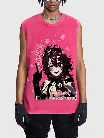 Anime ملابس علوية أكمام بلا أكمام مطبوع بصورة رسومات الأنمي المغسول بالثلج، صيفي