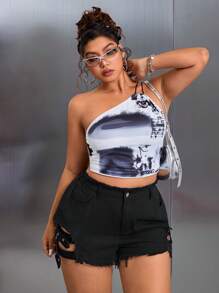 SHEIN ICON Shorts vaqueros casuales de talla grande con botón y dobladillo deshilachado, para verano