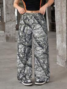 SHEIN Teen Girls' Twig Pattern Wide Leg Loose Casual Versatile Jeans - Multicolor - View 5