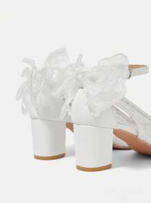 CUCCOO HITCHD 女士花卉刺绣蕾丝网眼露背蝴蝶结尖头方形粗跟浪漫优雅杏色高跟鞋，镂空设计，婚礼季新娘鞋