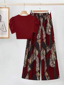 SHEIN Clasi Completo da donna con Maglietta a collo tondo e pantaloni a zampa larga con stampa leopardata