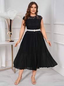 SHEIN Clasi Plus Size Women Elegant Lace Patchwork Pleated Hem Chiffon Black Summer Long Dress,Formal Evening Wedding Guest Prom Graduation Easter Dress - Black - View 7