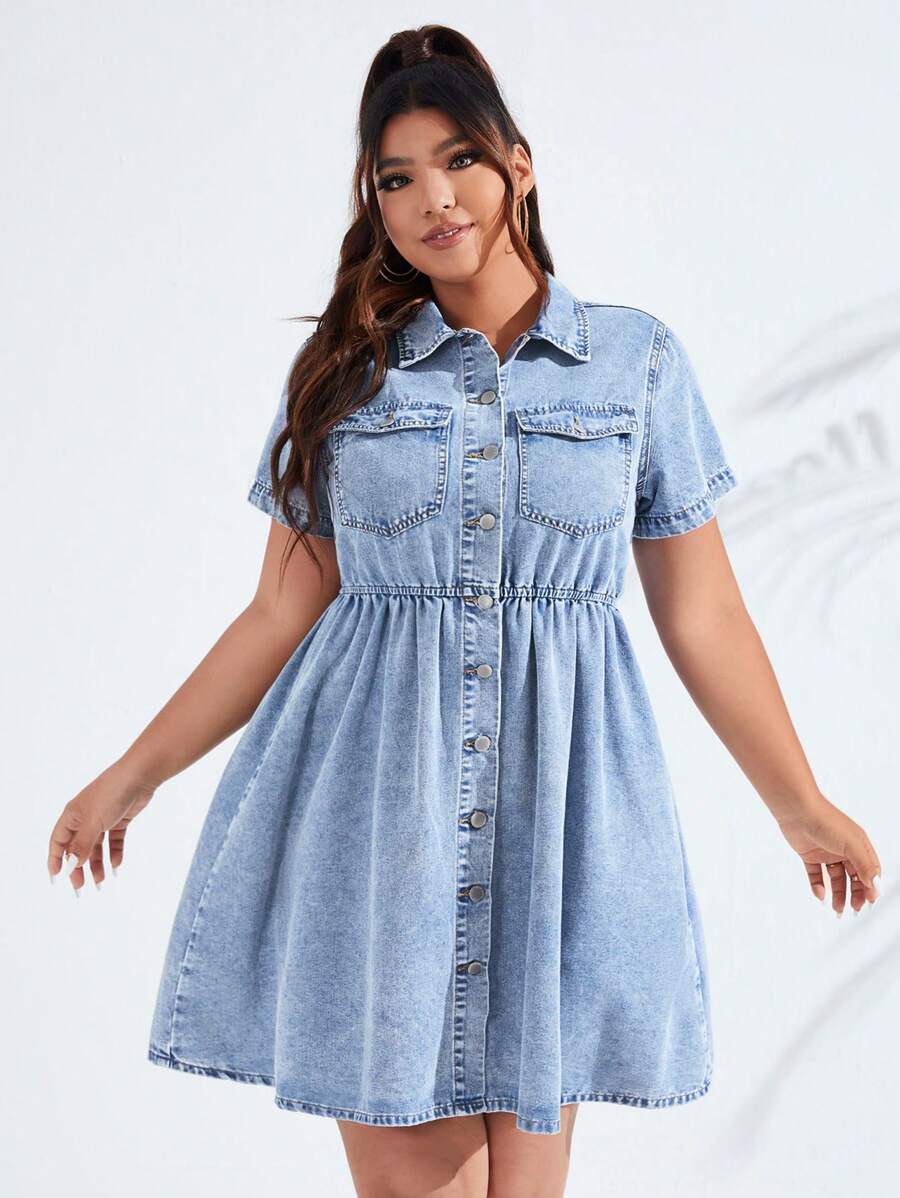 SHEIN ICON Plus Size Women Denim Dress With Single Button, Pockets And Short Sleeves, Casual - Light Wash - View 1