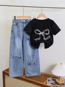 SHEIN Wildeya Set de 2 piezas Conjunto de ropa de verano informal para niñas preadolescentes - Jeans de mezclilla y set de top, ropa para niñas preadolescentes