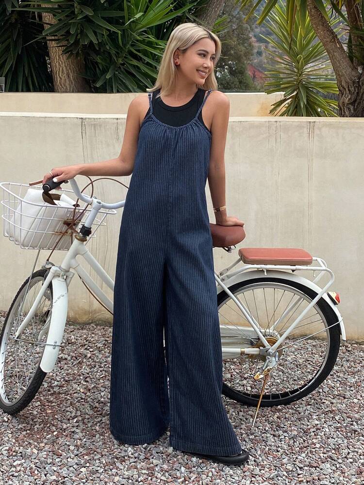 Women's Vacation Casual Striped Wide Leg Denim Jumpsuit