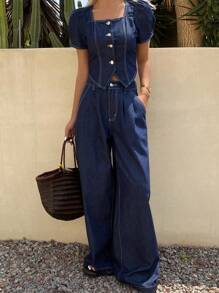 Livesso Women's Round Neck Short Sleeve Top And Loose Fit Jeans Set - Blue - View 4