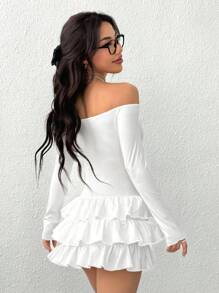 SHEIN EZwear Women's Solid Color Pleated Off Shoulder Long Sleeve Ruffle Hem Mini Dress - White - View 3