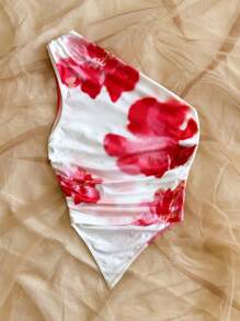 Soleia Plus Size Women Tie Dye Floral Print One Shoulder Smocked Asymmetrical Ruffle Hem Fitted Top - Pink - View 2