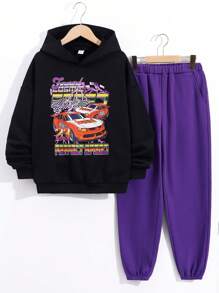 SHEIN Boys' Casual Loose Fit Hooded Sweatshirt With Cool Car Print Pattern And Plain Color Pants Set - Multicolor - View 5