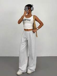 SHEIN PETITE Women's Summer Simple Front Tie Loose Sweatpants, Casual Daily Wear