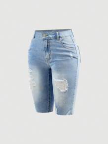 SHEIN Girlism Teen Girls Light Wash Ripped Denim Shorts: And Stylish Distressed Jean Shorts With Zipper Detail For Summer - Light Wash - View 8