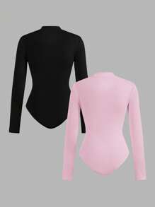 SHEIN EZwear 2pcs Women Zip-Up High Neck Tight Bodysuit Set, Casual Long Sleeve Fall Clothes - Multicolor - View 2