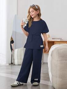 Firerie Kids Firerie Kids Tween Girls Woven Textured Loose Drop Shoulder Tie Waist Letter Graphic Shirt And Wide Leg Pants 2 Pieces Set, Casual Vacation Outfit