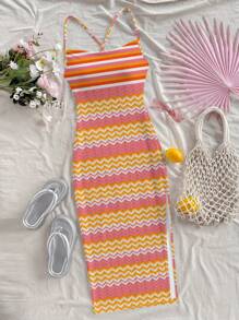 SHEIN WYWH Casual Holiday Style Orange Striped Printed Pattern Beach Dress, Suitable For Summer & Vacation Chic Dress - Multicolor - View 8