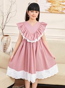 SHEIN Tween 女童优雅蕾丝边荷叶边领短袖连衣裙 - 藕粉色 - 查看 5