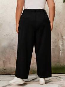 SHEIN CURVE+ 大码女式纯色锥形九分裤，适合休闲工作 - 黑色 - 查看 2