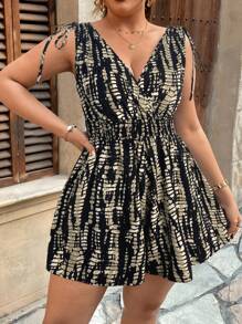 SHEIN Holidaya Plus Size Vintage Vacation Style Cross V-Neck Sleeveless Drawstring Ruched Romper, Spring & Summer Cheetah Print Plus Size Plus Size Disco Disco Plus Size - Multicolor - View 4