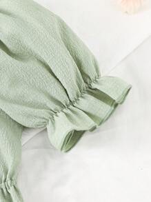 Women's Young Fashion Casual Sweet Style Square Neck Elastic Shoulder Design Ruffle Hem Elasticated Waist Loose Green Bubble Crinkle Short Sleeve Top