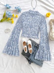 Soleia 女用全身印花立領喇叭袖上衣 - 藍白色 - 查看 4