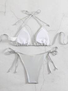 Swim Mod Women's Summer Beach Solid Color Halter Tie Sexy Bikini Set - Silver - View 2