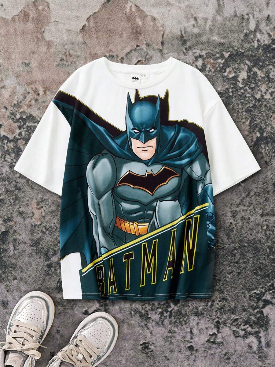 BATMAN X SHEIN 85th Tween Boys Graphic White Casual Versatile Short Sleeve T-Shirt - White - View 1