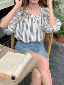 DAZY 女士休闲假日条纹长袖衬衫，夏季