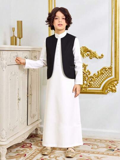 Tween Boys 2st Set: Vit långklädd krage, svart ärmlös väst skarvningsdesign, ihopkopplad med färgglad huvudduk, lämplig för skola, resor, ramadan, familjesammankomster, vår/höst