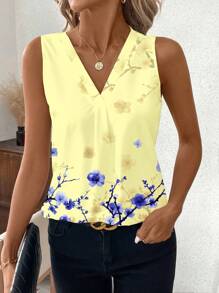 SHEIN Clasi 女士 V 领无袖梅花印花衬衫，日常休闲装 - 黃色 - 查看 4