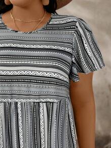 SHEIN LUNE Vestido de línea A de manga corta con volantes y rayas de colores para mujer de talla grande para el verano
