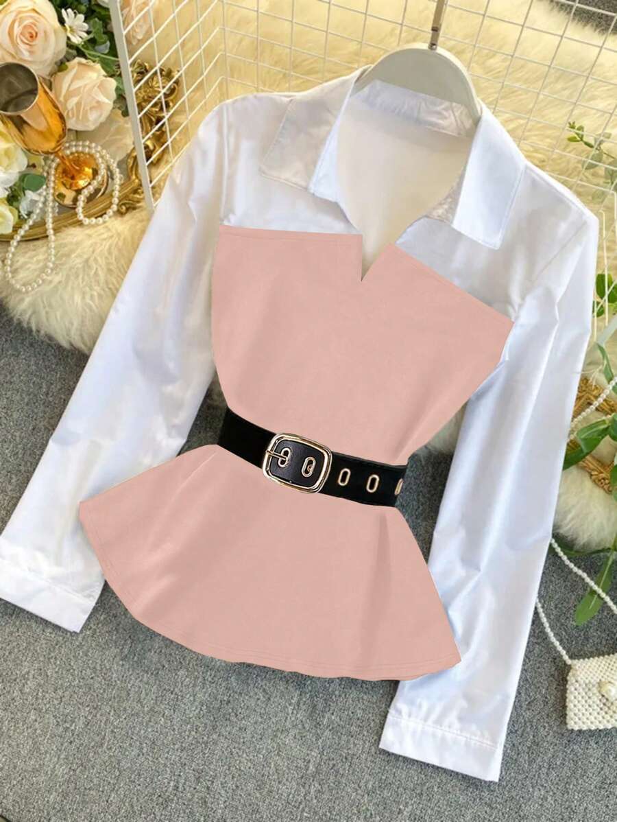 Franclia Áo sơ mi dài tay có cổ màu tương phản thường ngày dành cho nữ 2 trong 1 - Màu Hồng baby - Xem 1