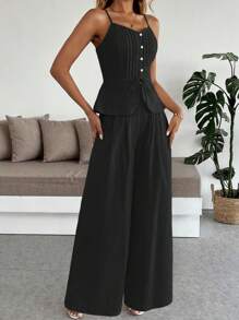 Breezaya Conjunto de 2 peças de camisola slim casual de linho branco e calças de perna larga - Preto - Ver 3