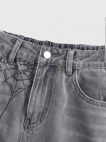 ROMWE Grunge Punk Große Größen Locker Sitzende Freundjeans mit Spinnen-Muster in Dunkelton