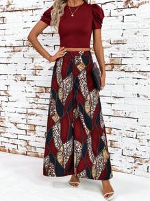 SHEIN Clasi Completo da donna con Maglietta a collo tondo e pantaloni a zampa larga con stampa leopardata