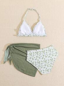 SHEIN Cute Girls' Ditsy Floral Triangle Top & Skirt Bikini Swimsuit Set (Print Style Random) - Army Green - View 2