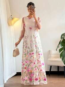 Islaluna Women's Elegant Floral Embroidered Maxi Dress With Round Neck And Short Sleeves - Hot Pink - View 3