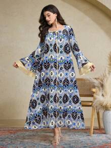 Al Najma Vestido de mujer con diseño de botones y manga acampanada con estampado floral, estilo vacacional - Azul - Ver 1