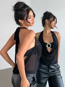 Aloruh 新款性感垂褶领露背金属装饰半透明现代上衣，锐舞上衣