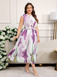 SHEIN Clasi Plus Size Women Elegant Pleated Floral Print Dress, Women's Summer Wear, Women's Business Casual Wear, Going Out Wear, Women's Office Wear, Holiday Wear, Elegant Dress, Women's Blue Dress, Casual Dress, Casual Dress,White And Purple Pleated Dress,Easter Outfit Women,Airport Outfit For Women,Wedding Guest Dress Women,Brunch Outfits For Women,Mother's Day,4th Of July, Graduation Dress,Brunch Outfits For Women,Church Outfits Women