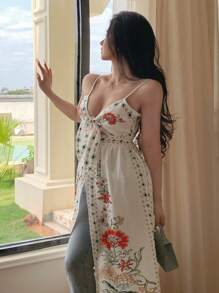 DAZY Áo kiểu nữ in hoa, thắt nơ phía trước, thích hợp cho kỳ nghỉ hè, đi biển, phong cách boho, đi chơi. - trắng - Xem 5