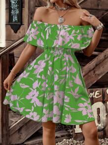 LanaWest Abito da donna con stampa floreale, scollo spalle scoperte, adatto per vacanze estive